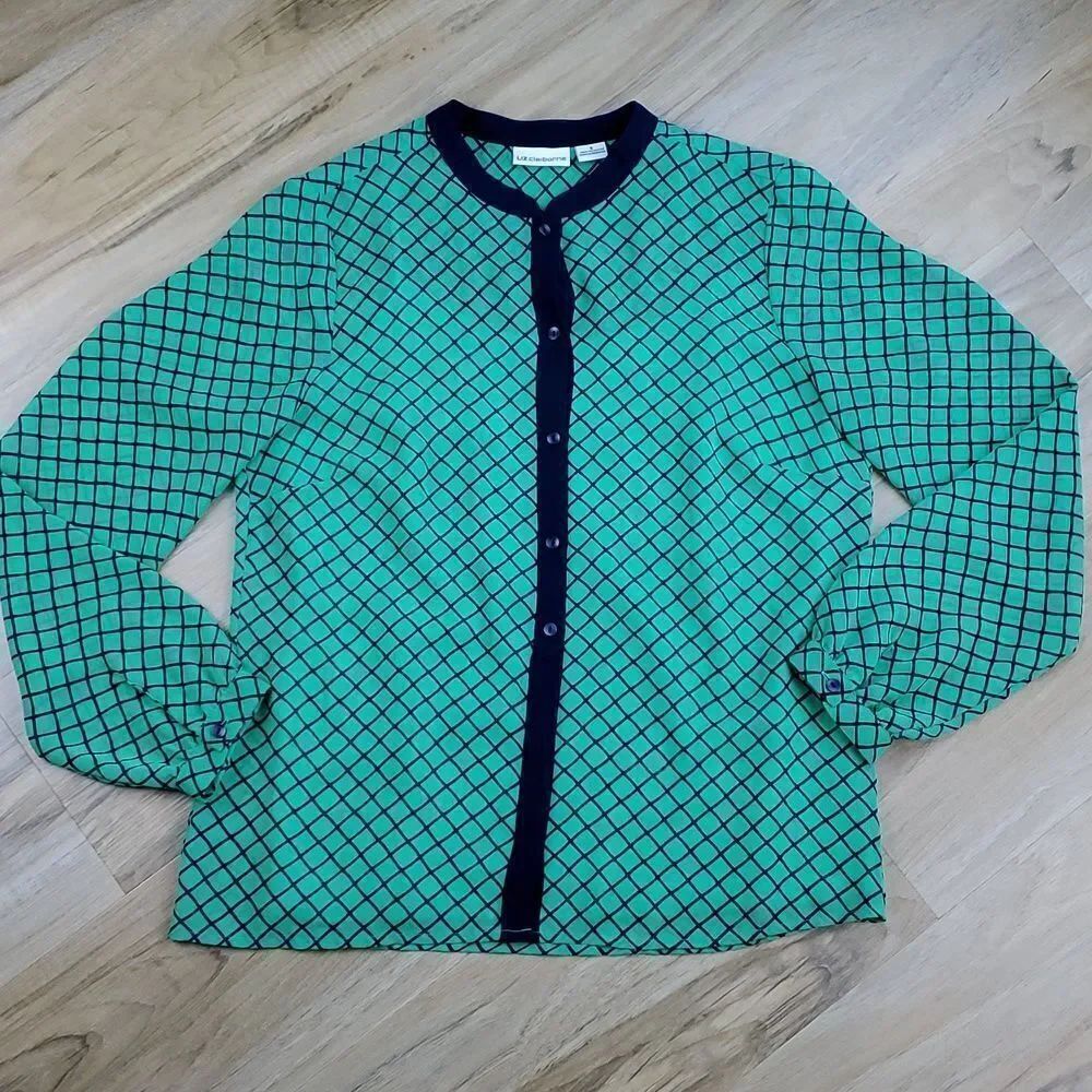 🔸️Liz Claiborne Green & Blue Windowpane Long Sleeve Top & Camisole Small